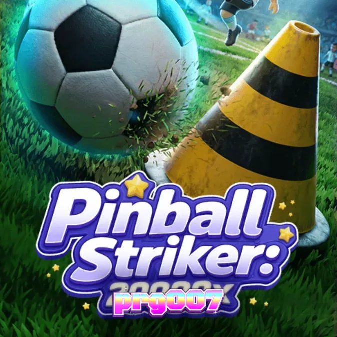 Tampilan antarmuka permainan slot Pinball Striker 20,000x dengan latar belakang stadion neon.